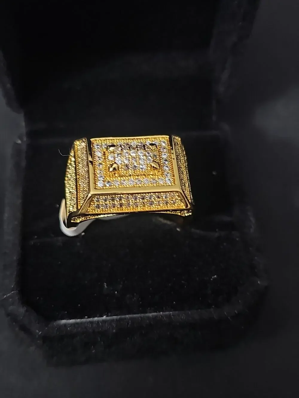 SIZE 12- 23.3m Gold Metal layered Signet Ring Square Pavé w/prong yellow CZs